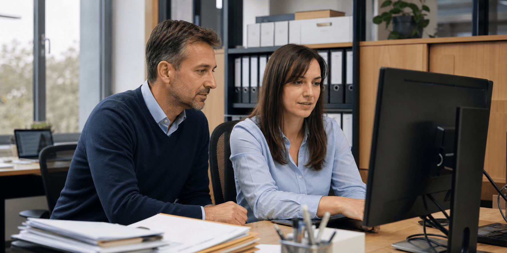Zwei Mitarbeitende prüfen gemeinsam einen automatisierten Geschäftsprozess