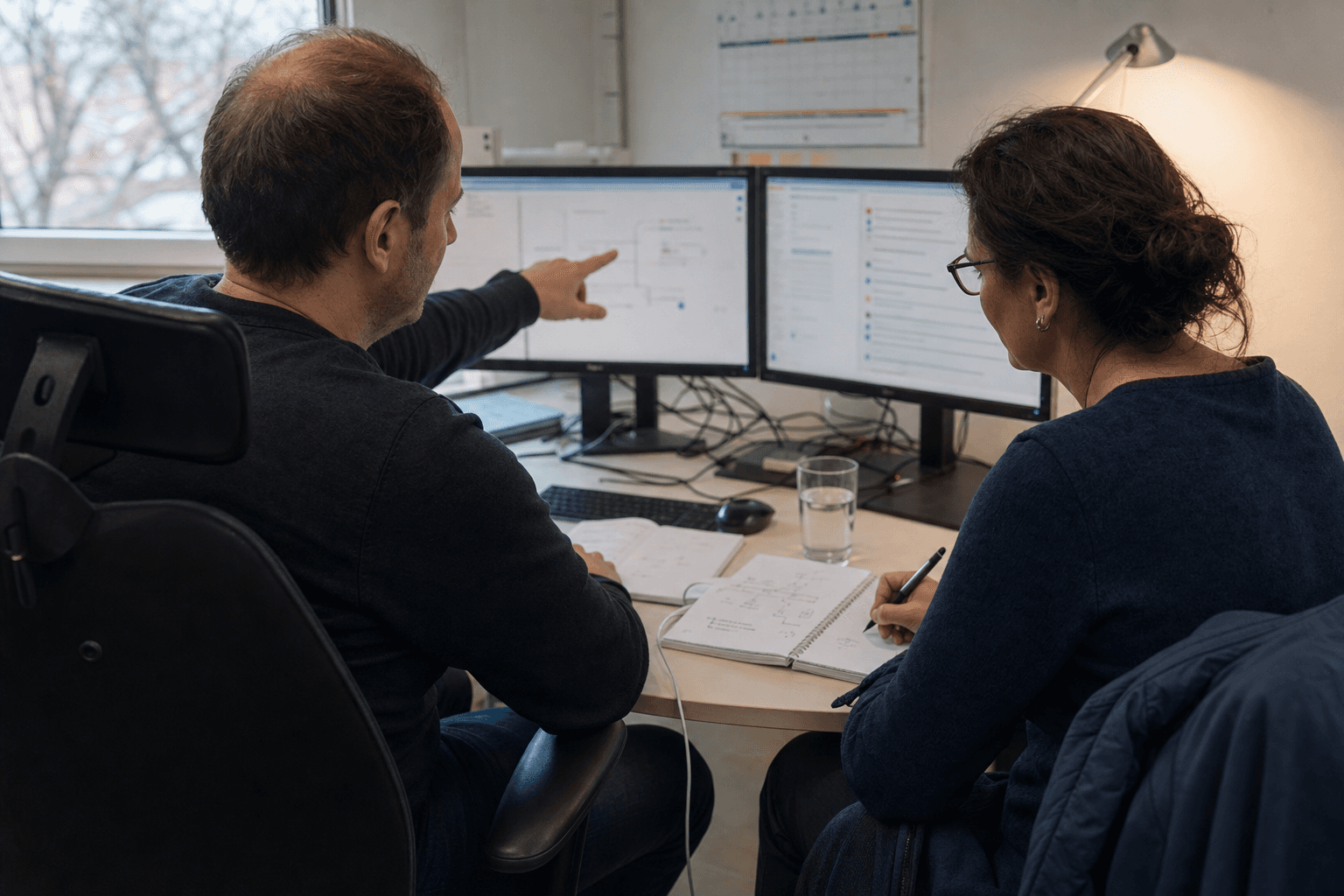 Zwei Personen testen einen automatisierten Ablauf an Monitoren