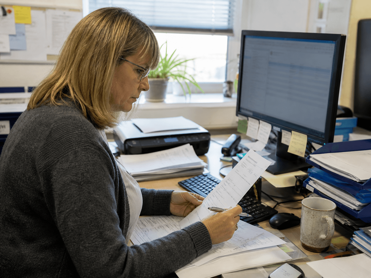Mitarbeiterin gleicht eine Rechnung am Computer ab